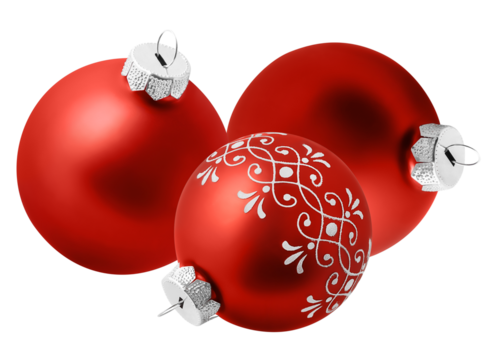 trio of vibrant red christmas baubles, including one decorated with classic white scrolling patterns, isolated for holiday design.