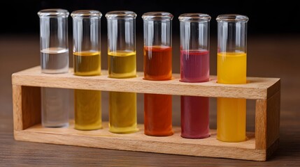 Six colorful liquid samples in test tubes held in a wooden rack representing scientific experiments