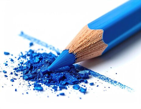 Blue pencil with blue pigment powder on white background