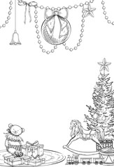 Christmas vector Template for Baby greeting cards or childish New Year invitations. Linear illustration of Frame with retro baby toys and fir tree baubles. Background with rocking horse and gifts.