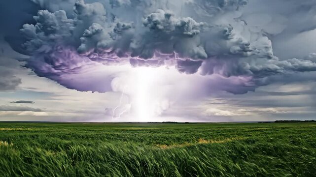 A dramatic supercell thunderstorm with lightning strikes over a vibrant green field showcasing nature raw power and atmospheric phenomena
