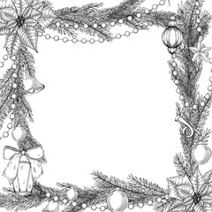 Vector illustration with spruce branches, ornaments, and poinsettia forming a Christmas frame. Linear Template for Xmas greeting cards or vintage New Year invitations. Outline background for party.
