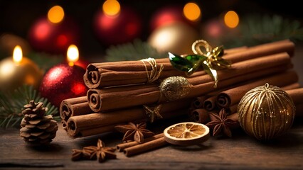 Warm and inviting holiday scene featuring cinnamon sticks, ornaments, and festive decorations amidst soft candlelight glow Generative AI