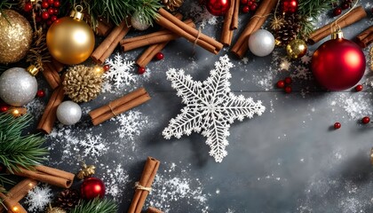 Christmas decorations arranged beautifully with ornaments, cinnamon sticks, pine branches, and snowflakes on a rustic wooden surface during the holiday season Generative AI