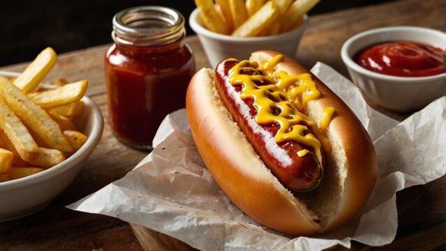 Gourmet hot dog topped with mustard and ketchup, fries sprinkled with sea salt, shot with soft natural lighting for an appetizing look.