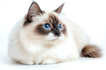 Domestic Ragdoll cat displaying its striking blue eyes and beautiful colorpoint coat on a clear white background