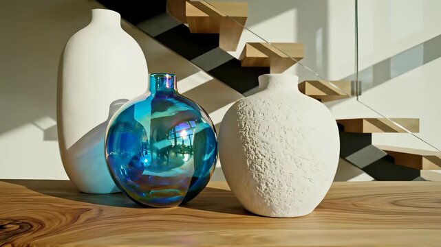 Two elegant vases sit atop a minimalist table, featuring refined design elements and subtle luxury, perfect for conveying upscale sophistication or understated elegance in various commercial.