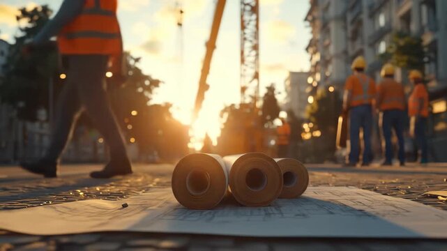 Construction project blueprints workers sunset urban development