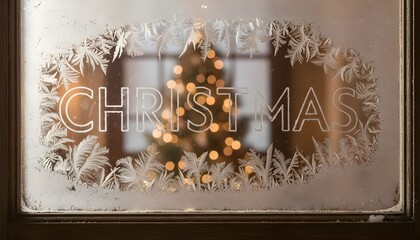 Christmas decorations create a warm atmosphere with a tree glowing in the background, seen through frost-covered glass at a cozy home setting during the holiday season Generative AI