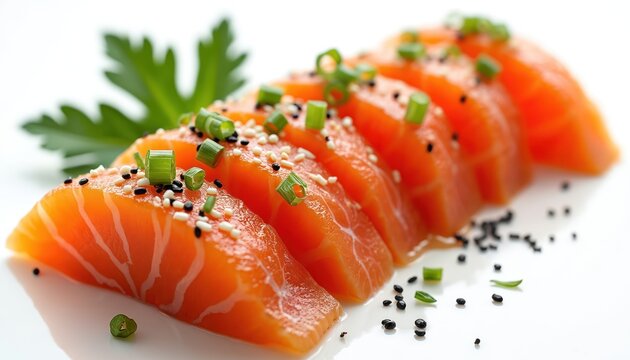 Salmon sashimi slices arranged neatly, sprinkled with white, black sesame seeds, chopped green onions. Fresh fish fillet served on clean white surface with parsley garnish. Healthy Japanese cuisine - Powered by Adobe