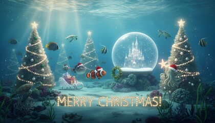 Underwater Christmas scene featuring decorated trees, a snow globe castle, and vibrant sea life celebrating the festive season in a magical aquatic setting Generative AI