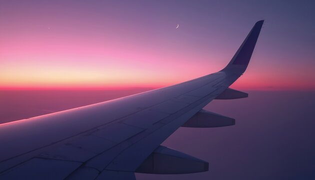Airplane wing crosses pink purple sky at sunset. Crescent moon visible above hazy clouds. View from passenger window on flight at high altitude.