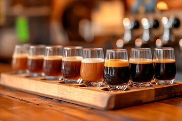 Small glasses featuring a variety of nitro coffee and cold brew drinks arranged on a wooden tasting board