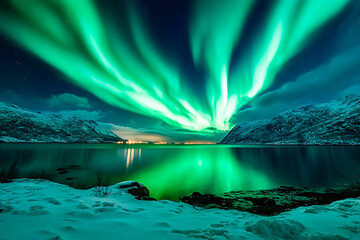 Northern Lights glowing green above a freezing Fjord landscape with snow-covered mountains reflecting in quiet water