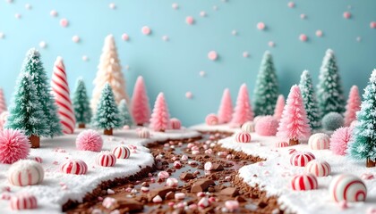 Holiday candy landscape with colorful trees, a chocolate river, and festive decorations creating a magical Christmas scene Generative AI