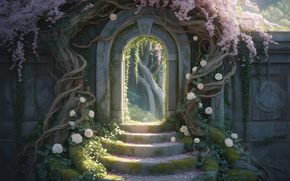 Fantasy Stone Archway with Blossoms, Ivy, and Glowing Enchanted Backdrop