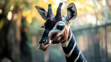 Okapi stands observant, showing distinctive striped markings and unique features, a rare rainforest mammal