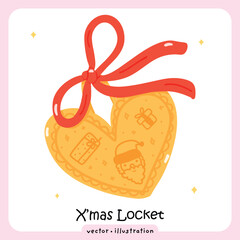 Cute Cartoon Heart Locket with Red Ribbon and Merry Xmas Inscription - Vector illustration