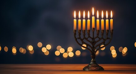 Photo of a lit hanukkah menorah with nine candles glowing warmly on a wooden table with blurred bokeh lights in the background, symbolizing the jewish festival of lights