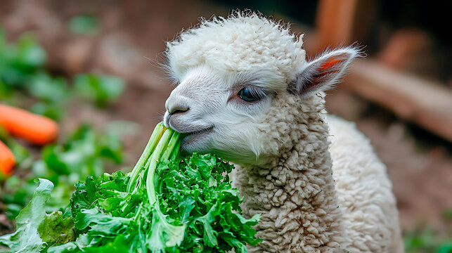 Cute baby alpaca with soft white fleece enjoying a healthy diet of leafy greens, promoting natural nutrition and animal welfare