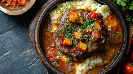 Hearty Braised Meat Dish Smothered in Rich Tomato Sauce Served Over Fluffy Grains