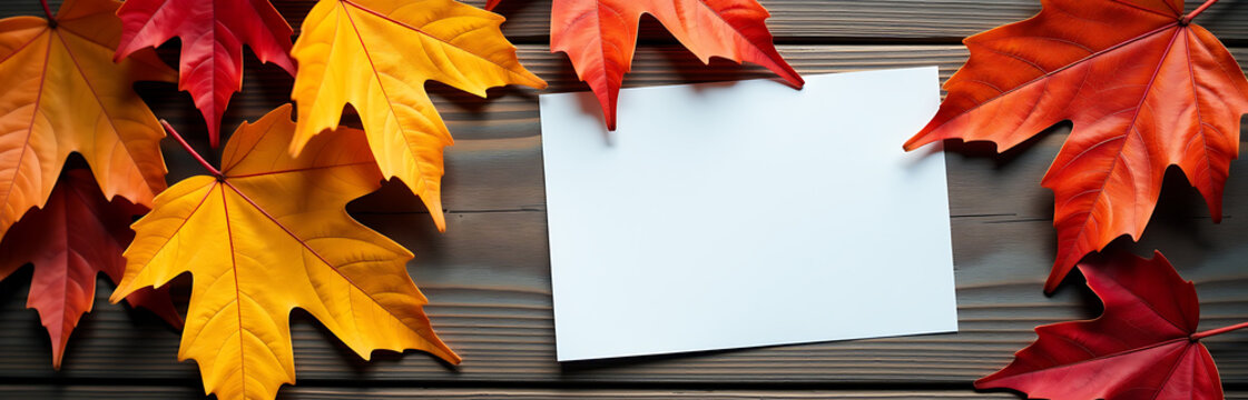 flat lay vibrant autumn leaves medley warm colors scattered across wooden surface overlaid white card containing blank