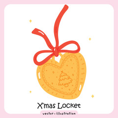 Cute Cartoon Heart Locket with Red Ribbon and Merry Xmas Inscription - Vector illustration