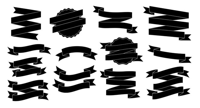 Collection of black ribbon banners and labels in various shapes and styles, featuring curved and straight designs, ideal for decorative purposes and graphic design projects