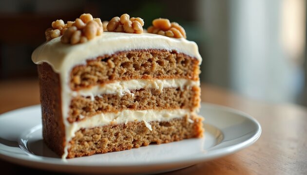 Tasty slice of layered walnut cake with creamy white frosting and whole walnuts on top. Homemade sweet dessert sits on white plate on wooden table. Perfect treat for celebration or cozy afternoon.