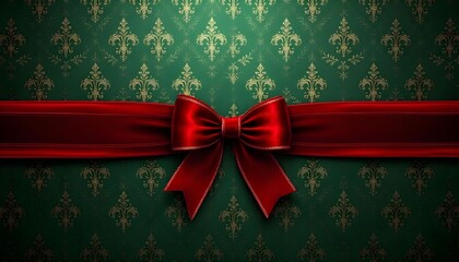 Decorative red ribbon tied in a large bow on a green damask patterned background for a festive Christmas celebration Generative AI