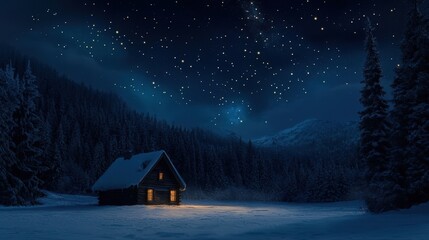 A cozy cabin in a snowy landscape under bright stars at night, offering warmth and tranquility in a winter wonderland.