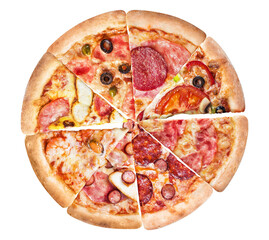 overhead photograph of a gourmet mixed pizza composed of eight diverse slices, each featuring a different topping combination including pepperoni, seafood, olives, and sausage, isolated on black.