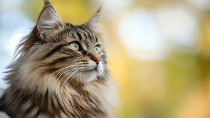 Majestic norwegian forest cat with striking green eyes gazes into the distance amidst bokeh