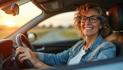 Happy mature woman drives car on open road at sunset. Wears stylish glasses, smiles brightly. Older lady enjoys independent journey, feeling freedom. Joyful female driver travels during golden hour.