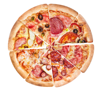 overhead photograph of a gourmet mixed pizza composed of eight diverse slices, each featuring a different topping combination including pepperoni, seafood, olives, and sausage, isolated on black.