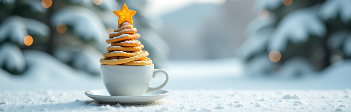festive christmas tree crafted steaming cup golden coffee rises minimalist white table topped bright yellow