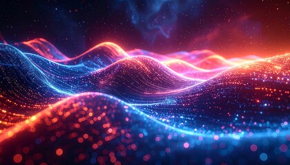 Abstract digital landscape with vibrant blue and red light waves over a dark, starry backdrop