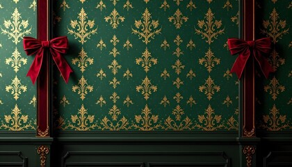 Beautifully decorated green wallpaper with gold patterns and red bows, creating a festive atmosphere for Christmas celebrations in a cozy room Generative AI