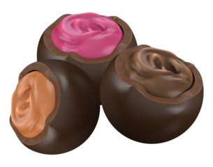 luxurious 3d render of three dark chocolate truffles, revealing colorful and creamy pink, caramel, and chocolate fillings, isolated against a solid transparent background.