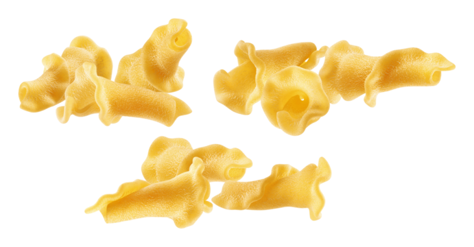close-up photograph of a cluster of dry campanelle pasta, showing the curved, horn-like shapes and rough texture, isolated against a solid transparent background.