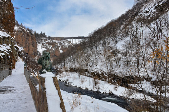 snow covered walkway in Arpa river canyon near Jermuk arch bridge (Vayots Dzor, Armenia) - Powered by Adobe