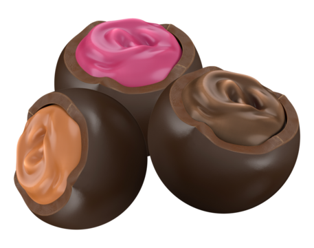 luxurious 3d render of three dark chocolate truffles, revealing colorful and creamy pink, caramel, and chocolate fillings, isolated against a solid transparent background.