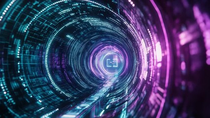 Digital data stream passing through abstract neon tunnel - Powered by Adobe