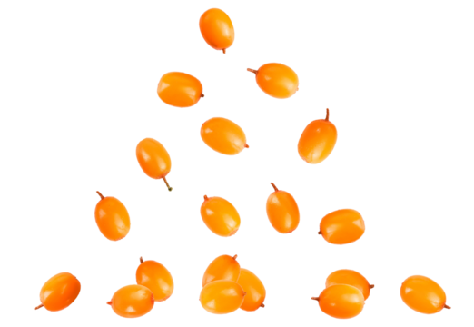 photorealistic 3d render of vibrant sea buckthorn berries floating and arranged into a pyramid shape, isolated on a clean transparent background.