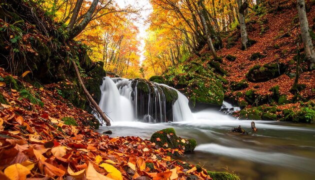 Autumn foliage surrounds a small waterfall cascading into a clear, flowing stream in a forest setting - Powered by Adobe