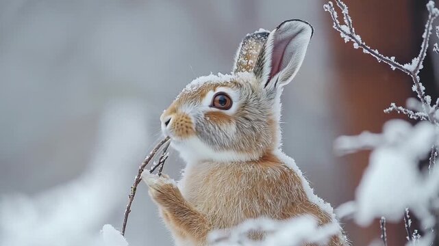 wild hare eating in a cold winter day video