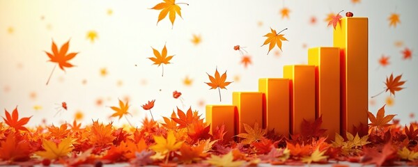 Orange bar graph rises amid scattered fall leaves. Autumn foliage drifts down, signifying seasonal financial growth or progress. Business and nature themes merge visually.