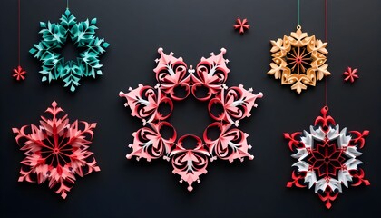 Colorful paper snowflakes hanging against a dark background create a festive Christmas atmosphere in a cozy indoor space Generative AI