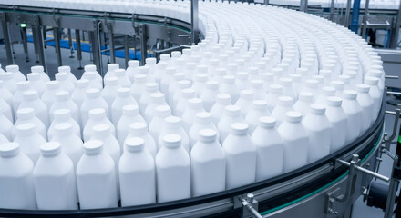 Rows of white plastic bottles moving on a conveyor belt in a factory
