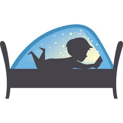 Silhouette of a Child Lying on a Bed Reading a Book Under a Starry Sky Canopy With Soft Yellow and Blue Light During Evening